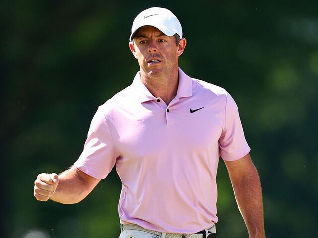 CHARLOTTE, NORTH CAROLINA - MAY 12: Rory McIlroy of Northern Ireland reacts after making an eagle on the 10th hole during the final round of the Wells Fargo Championship at Quail Hollow Club on May 12, 2024 in Clifton, North Carolina.
