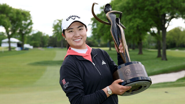 CLIFTON, NEW JERSEY - MAY 12: Rose Zhang of the United States poses with the trophy after winning the Cognizant Founders Cup at Upper Montclair Country Club on May 12, 2024 in Clifton, New Jersey.