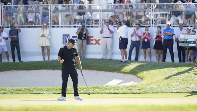 MYRTLE BEACH, SOUTH CAROLINA - MAY 12: Chris Gotterup of the United States reacts on the 18th green after winning the final round of the Myrtle Beach Classic at Dunes Golf & Beach Club on May 12, 2024 in Myrtle Beach, South Carolina.