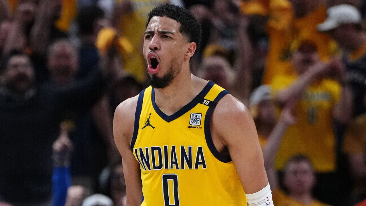 INDIANAPOLIS, INDIANA - MAY 12: Tyrese Haliburton #0 of the Indiana Pacers reacts after a three point basket against the New York Knicks in Game Four of the Eastern Conference Second Round Playoffs at Gainbridge Fieldhouse on May 12, 2024 in Indianapolis, Indiana.