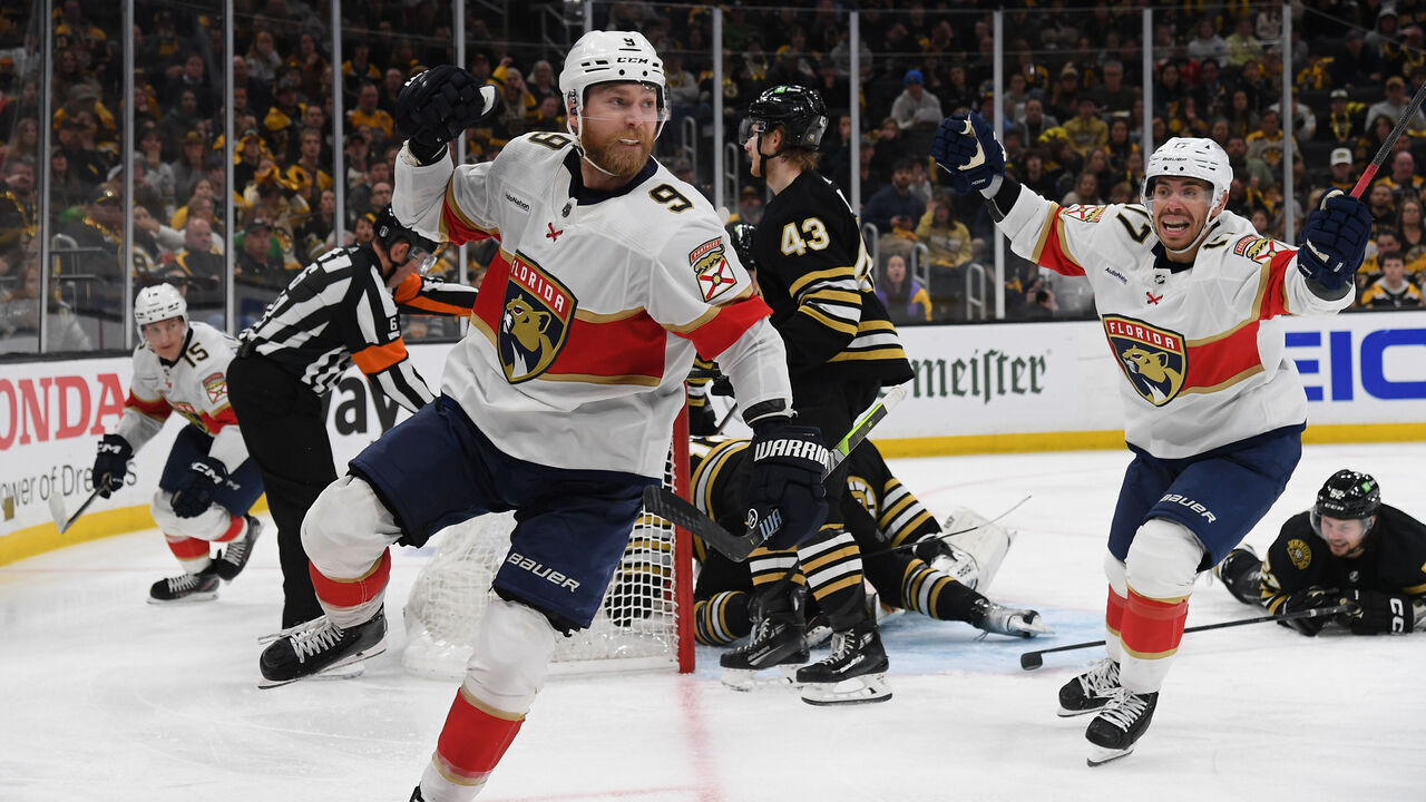 BOSTON, MASSACHUSETTS - MAY 12: Sam Bennett #9 of the Florida Panthers celebrates his third-period goal against the Boston Bruins in Game Four of the Second Round of the 2024 Stanley Cup Playoffs at the TD Garden on May 12, 2024 in Boston, Massachusetts.