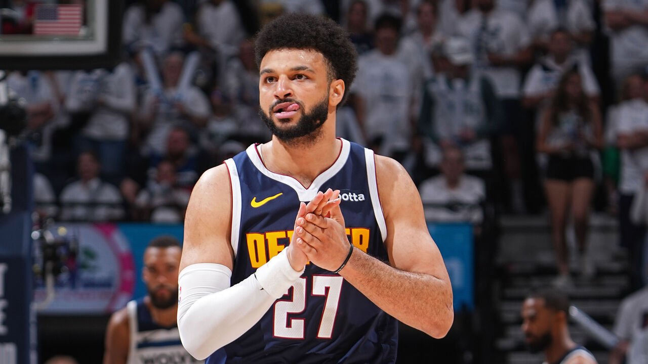 MINNEAPOLIS, MN - MAY 12: Jamal Murray #27 of the Denver Nuggets looks on during the game against the Minnesota Timberwolves during Round 2 Game 4 of the 2024 NBA Playoffs on May 12, 2024 at Target Center in Minneapolis, Minnesota. NOTE TO USER: User expressly acknowledges and agrees that, by downloading and/or using this Photograph, user is consenting to the terms and conditions of the Getty Images License Agreement. Mandatory Copyright Notice: Copyright 2024 NBAE
