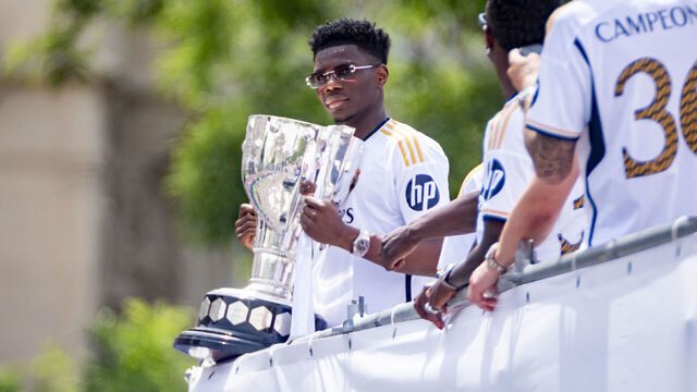 MADRID, SPAIN - MAY 12: Aurelien Tchouameni of Real Madrid seen with the trophy during the Real Madrid Celebration of The La Liga Title at Plaza de Cibeles on May 12, 2024 in Madrid, Spain.