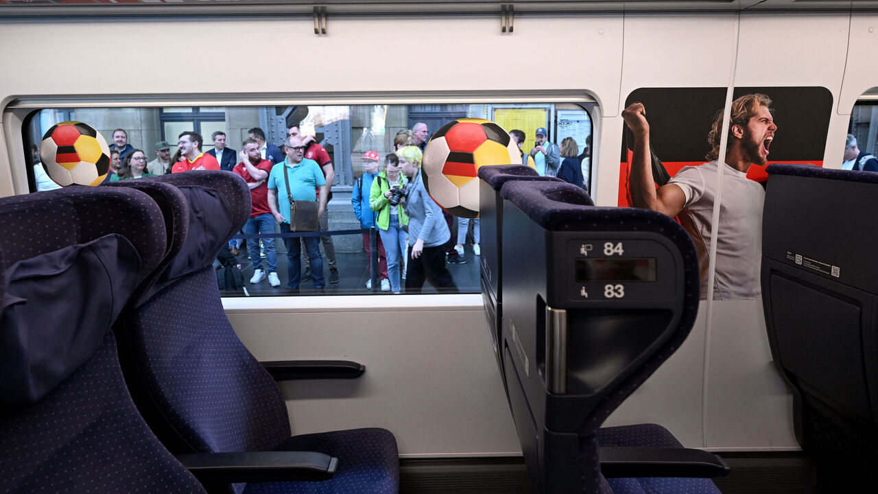 A compartment is decorated in football design for the the UEFA Euro 2024 European Football Championship inside an ICE high speed train named "Fan-Hauptstadt Hamburg" (Fan-Capital Hamburg) during the train's christening at a promotional event on April 30, 2024 at the main railway station in Frankfurt am Main, western Germany. The train aims to promote the UEFA EURO 2024 European Football Championship, that kicks off in Munich on June 14, 2024 and ends with the final in Berlin on July 14, 2024.