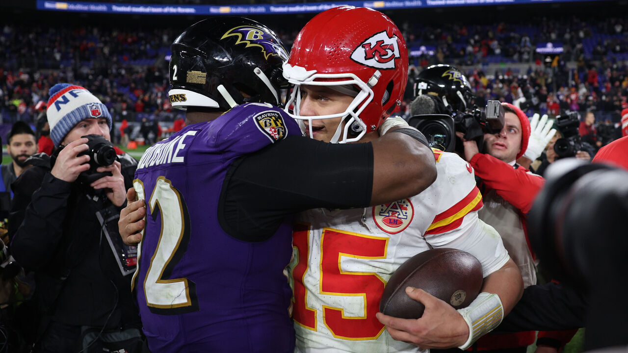 BALTIMORE, MARYLAND - JANUARY 28: Patrick Mahomes #15 of the Kansas City Chiefs talks with Justin Madubuike #92 of the Baltimore Ravens after the AFC Championship Game at M&T Bank Stadium on January 28, 2024 in Baltimore, Maryland.