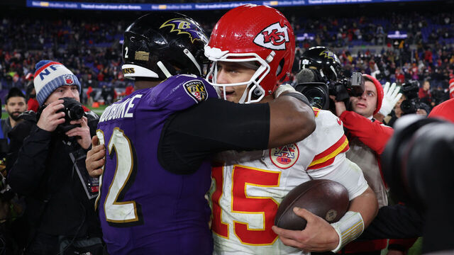 BALTIMORE, MARYLAND - JANUARY 28: Patrick Mahomes #15 of the Kansas City Chiefs talks with Justin Madubuike #92 of the Baltimore Ravens after the AFC Championship Game at M&T Bank Stadium on January 28, 2024 in Baltimore, Maryland.