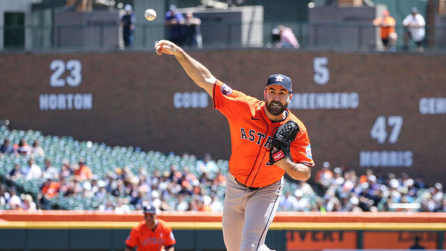 DETROIT, MI - MAY 12: Houston Astros starting pitcher Justin Verlander (35) pitches during the first inning of a regular season Major League Baseball game between the Houston Astros and the Detroit Tigers on May 12, 2024 at Comerica Park in Detroit, Michigan.
