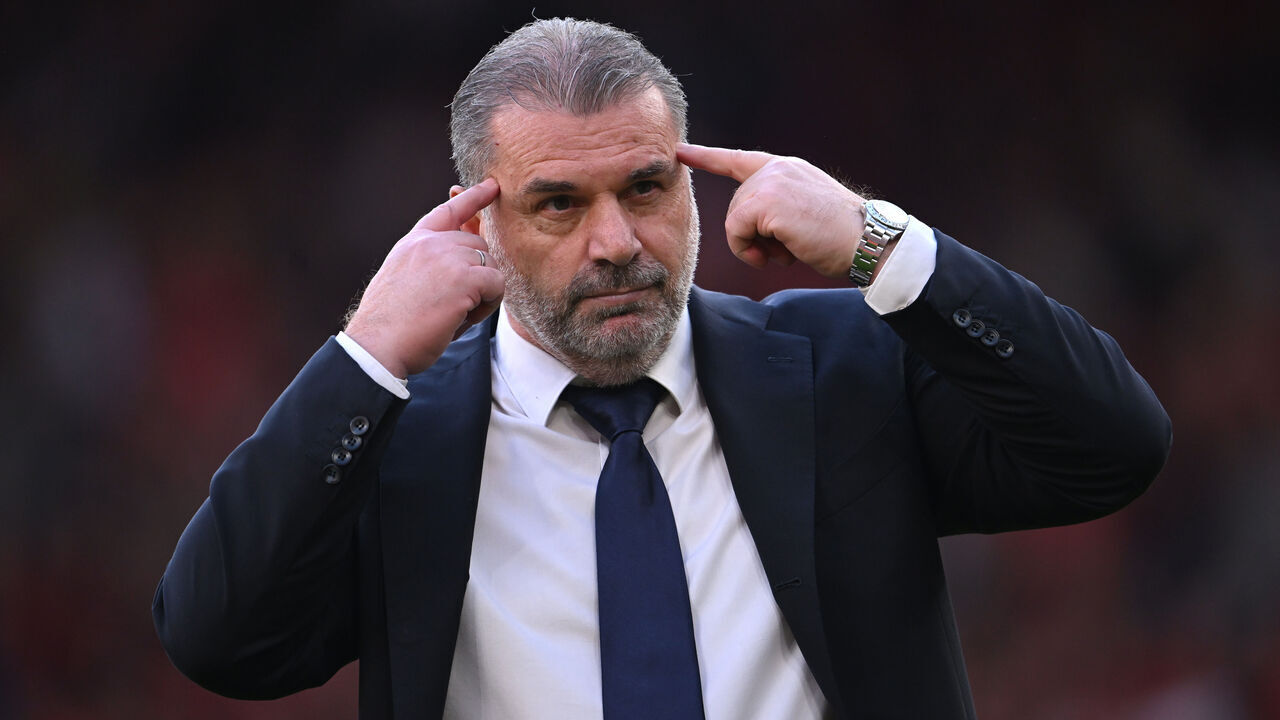 LIVERPOOL, ENGLAND - MAY 05: Ange Postecoglou, Manager of Tottenham Hotspur, gestures to the Spurs fans following the Premier League match between Liverpool FC and Tottenham Hotspur at Anfield on May 05, 2024 in Liverpool, England.
