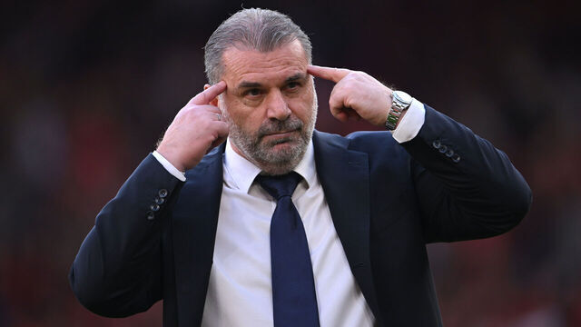 LIVERPOOL, ENGLAND - MAY 05: Ange Postecoglou, Manager of Tottenham Hotspur, gestures to the Spurs fans following the Premier League match between Liverpool FC and Tottenham Hotspur at Anfield on May 05, 2024 in Liverpool, England.