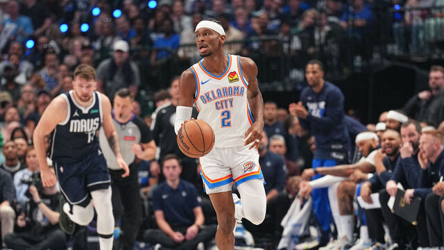 DALLAS, TX - MAY 11: Shai Gilgeous-Alexander #2 of the Oklahoma City Thunder handles the ball during the game against the Dallas Mavericks during Round 2 Game 3 of the 2024 NBA Playoffs on May 11, 2024 at the American Airlines Center in Dallas, Texas. Mandatory Copyright Notice: Copyright 2024 NBAE