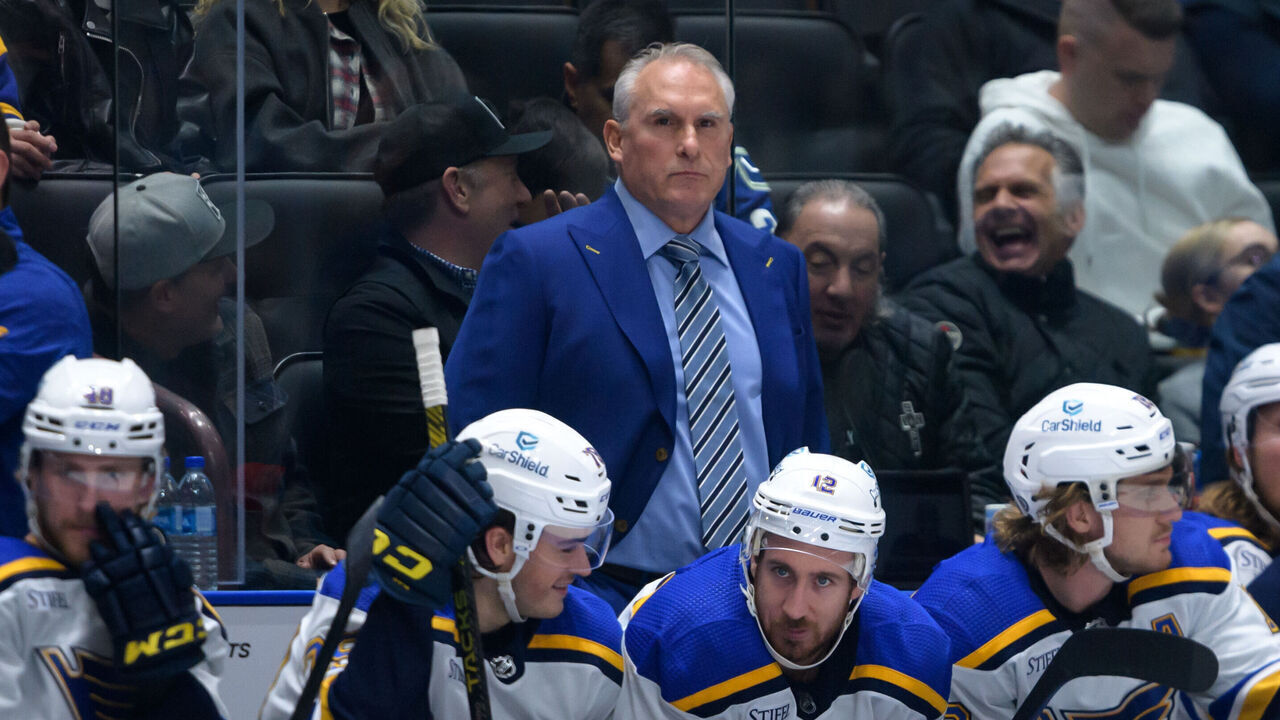 VANCOUVER, CANADA - OCTOBER 27: St. Louis Blues head coach Craig Berube looks on during the first period of their NHL game against the Vancouver Canucks at Rogers Arena on October 27, 2023 in Vancouver, British Columbia, Canada.