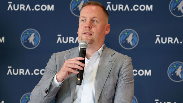 MINNEAPOLIS, MN - JUNE 26: General Manager Tim Connelly of the Minnesota Timberwolves talks to the press on June 26, 2023 at Mayo Clinic Square in Minneapolis, Minnesota. NOTE TO USER: User expressly acknowledges and agrees that, by downloading and or using this Photograph, user is consenting to the terms and conditions of the Getty Images License Agreement. Mandatory Copyright Notice: Copyright 2023 NBAE