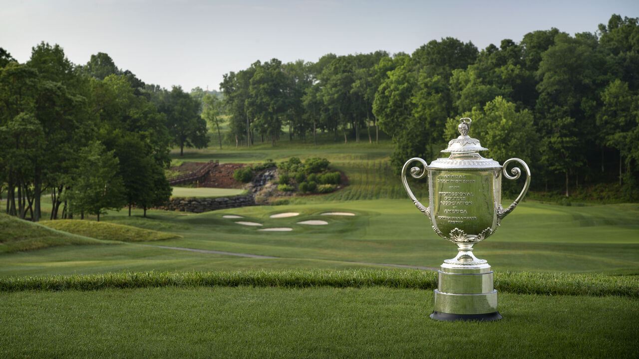 LOUISVILLE, KENTUCKY - JUNE 07: A view of the Wanamaker trophy from the 13th hole at Valhalla Golf Club on June 7, 2022 in Louisville, Kentucky.