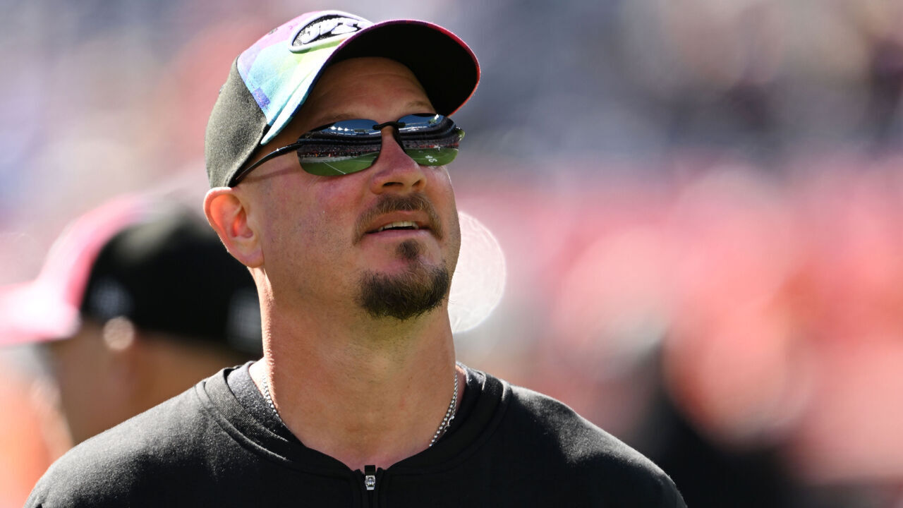 DENVER, COLORADO - OCTOBER 8: New York Jets offensive coordinator Nathaniel Hackett comes out on the field before the start of the game on October 8, 2023 in Denver, Colorado. The Denver Broncos took on the New York Jets at Empower Field at Mile High during week 5 of the NFL season.