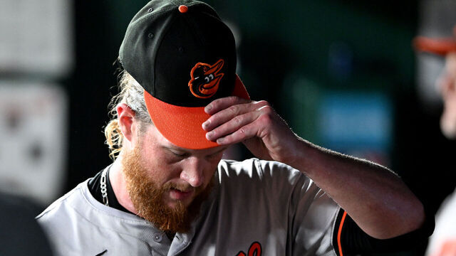 WASHINGTON, DC - MAY 08: Craig Kimbrel #46 of the Baltimore Orioles reacts after being taken out of the game in the ninth inning against the Washington Nationals at Nationals Park on May 08, 2024 in Washington, DC.