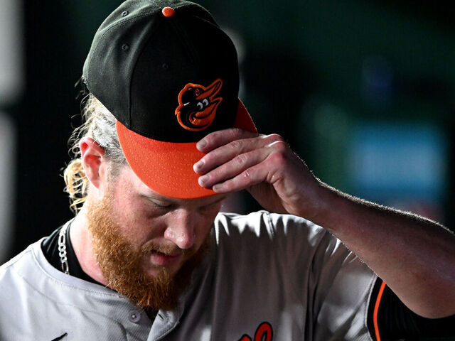 WASHINGTON, DC - MAY 08: Craig Kimbrel #46 of the Baltimore Orioles reacts after being taken out of the game in the ninth inning against the Washington Nationals at Nationals Park on May 08, 2024 in Washington, DC.