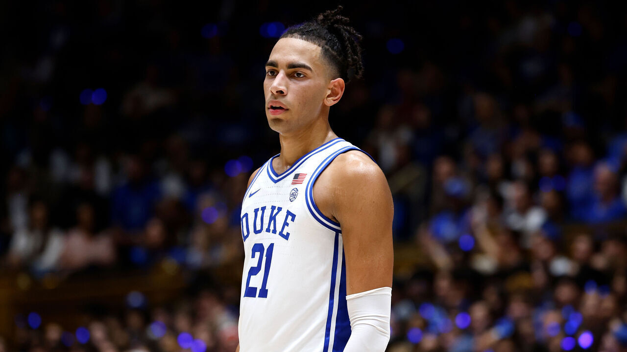 DURHAM, NORTH CAROLINA - OCTOBER 20: Christian Reeves #21 of the Duke Blue Devils looks on in their scrimmage game during Countdown to Craziness at Cameron Indoor Stadium on October 20, 2023 in Durham, North Carolina.
