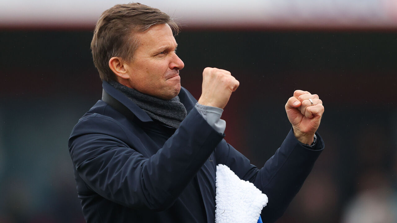 ACCRINGTON, ENGLAND - JANUARY 28: Jesse Marsch, manager of Leeds United, celebrates following the Emirates FA Cup Fourth Round match between Accrington Stanley and Leeds United at Wham Stadium on January 28, 2023 in Accrington, England.