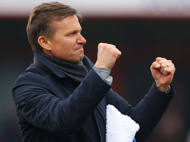 ACCRINGTON, ENGLAND - JANUARY 28: Jesse Marsch, manager of Leeds United, celebrates following the Emirates FA Cup Fourth Round match between Accrington Stanley and Leeds United at Wham Stadium on January 28, 2023 in Accrington, England.