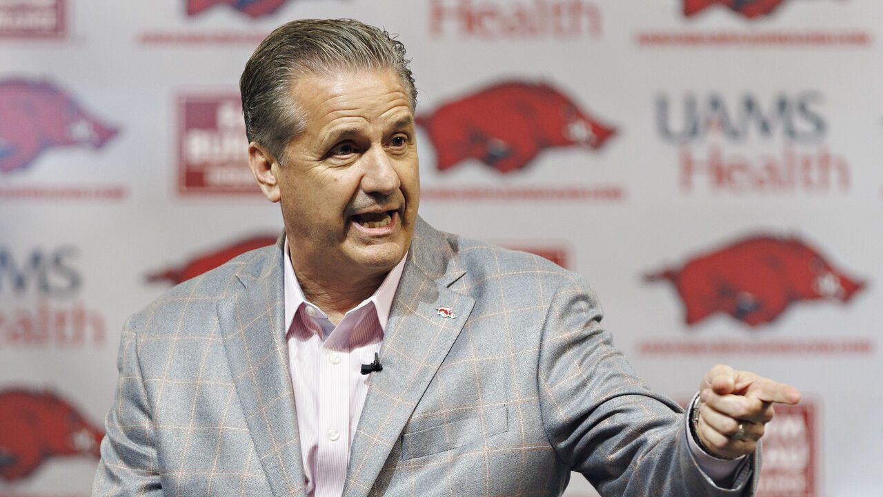 FAYETTEVILLE, ARKANSAS - APRIL 10: John Calipari is introduced as the new basketball Head Coach of the Arkansas Razorbacks at Bud Walton Arena on April 10, 2024 in Fayetteville, Arkansas.