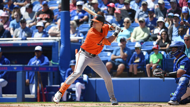 DUNEDIN, FLORIDA - MARCH 19, 2024: Kyle Stowers #28 of the Baltimore Orioles bats during the first inning of a spring training game against the Toronto Blue Jays at TD Ballpark on March 19, 2024 in Dunedin, Florida.