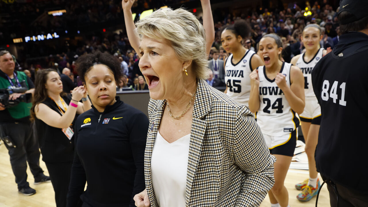 CLEVELAND, OHIO - APRIL 5: Head coach Lisa Bluder of the Iowa Hawkeyes celebrates after the game against the UConn Huskies during the NCAA Women's Basketball Tournament Final Four semifinal game at Rocket Mortgage Fieldhouse on April 5, 2024 in Cleveland, Ohio.