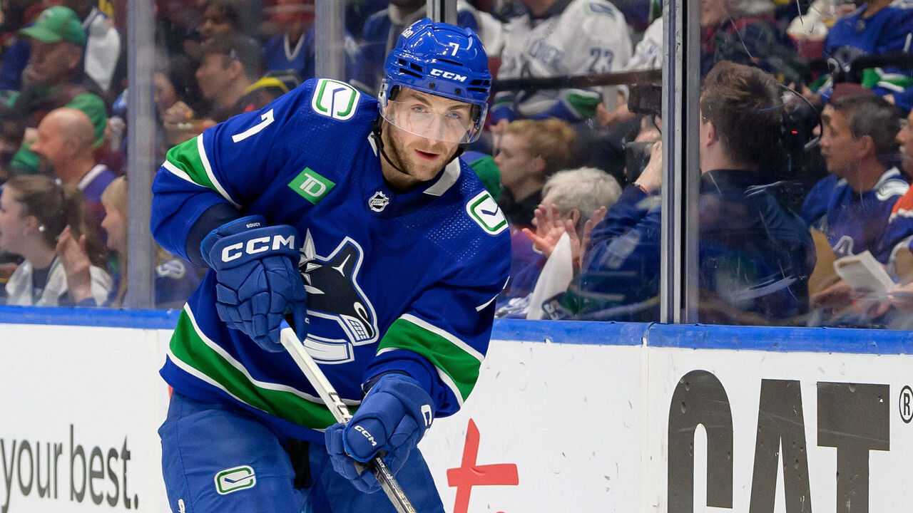 VANCOUVER, CANADA - MAY 8: Carson Soucy #7 of the Vancouver Canucks skates during the first period in Game One of the Second Round of the 2024 Stanley Cup Playoffs against the Edmonton Oilers at Rogers Arena on May 8, 2024 in Vancouver, British Columbia, Canada.