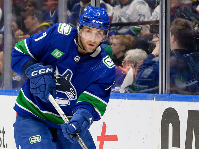 VANCOUVER, CANADA - MAY 8: Carson Soucy #7 of the Vancouver Canucks skates during the first period in Game One of the Second Round of the 2024 Stanley Cup Playoffs against the Edmonton Oilers at Rogers Arena on May 8, 2024 in Vancouver, British Columbia, Canada.