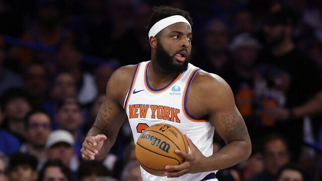 NEW YORK, NEW YORK - MAY 06: Mitchell Robinson #23 of the New York Knicks dribbles against the Indiana Pacers during Game One of the Eastern Conference Second Round Playoffs at Madison Square Garden on May 06, 2024 in New York City.