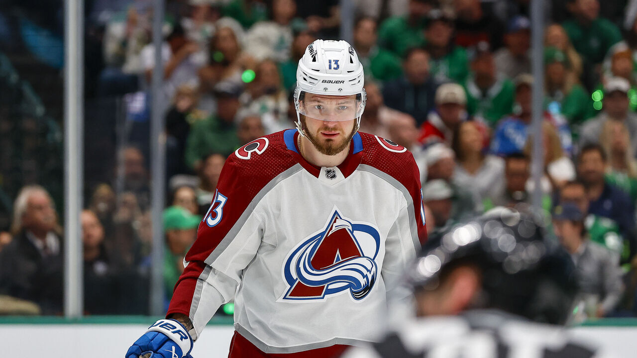 DALLAS, TX - MAY 09: Colorado Avalanche right wing Valeri Nichushkin (13) waits for the puck to drop during game two of the Western Conference Round two playoffs between the Dallas Stars and the Colorado Avalanche on May 9, 2024 at American Airlines Center in Dallas, Texas.