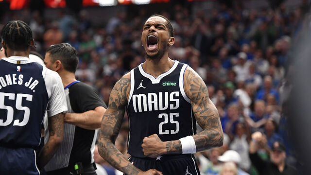 DALLAS, TX - MAY 13: PJ Washington #25 of the Dallas Mavericks celebrates during the game against the Oklahoma City Thunder during Round 2 Game 4 of the 2024 NBA Playoffs on May 13, 2024 at the American Airlines Center in Dallas, Texas. Mandatory Copyright Notice: Copyright 2024 NBAE