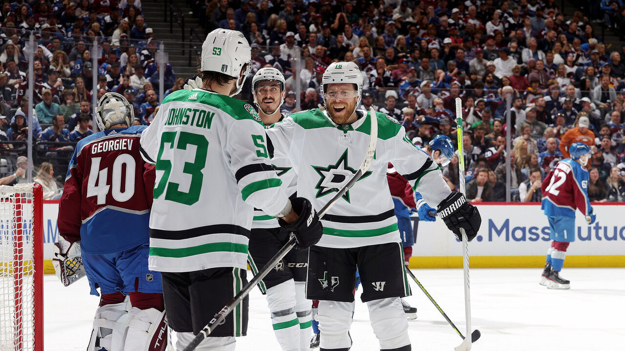 DENVER, COLORADO - MAY 13: Wyatt Johnston #53, Mason Marchment #27 and Joe Pavelski #16 of the Dallas Stars celebrate a goal against the Colorado Avalanche in Game Four of the Second Round of the 2024 Stanley Cup Playoffs at Ball Arena on May 13, 2024 in Denver, Colorado.