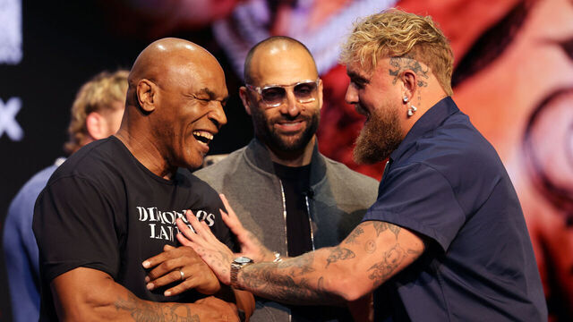 NEW YORK, NEW YORK - MAY 13: Mike Tyson and Jake Paul attend the Jake Paul vs. Mike Tyson press conference at The Apollo Theater on May 13, 2024 in New York City.