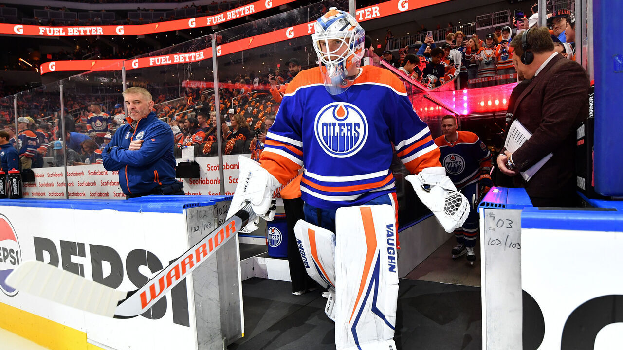 EDMONTON, CANADA - APRIL 24: Calvin Pickard #30 of the Edmonton Oilers steps on the ice for warm ups before Game Two of the First Round of the 2024 Stanley Cup Playoffs against the Los Angeles Kings at Rogers Place on April 24, 2024, in Edmonton, Alberta, Canada.