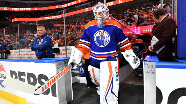 EDMONTON, CANADA - APRIL 24: Calvin Pickard #30 of the Edmonton Oilers steps on the ice for warm ups before Game Two of the First Round of the 2024 Stanley Cup Playoffs against the Los Angeles Kings at Rogers Place on April 24, 2024, in Edmonton, Alberta, Canada.
