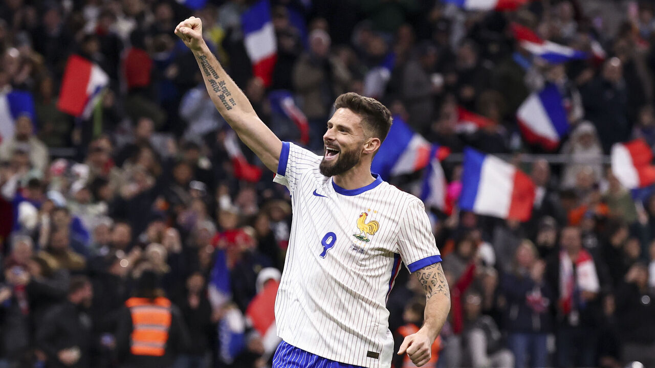 MARSEILLE, FRANCE - MARCH 26: Olivier Giroud #9 of France celebrates his goal during the international friendly match between France and Chile at Stade Velodrome on March 26, 2024 in Marseille, France.