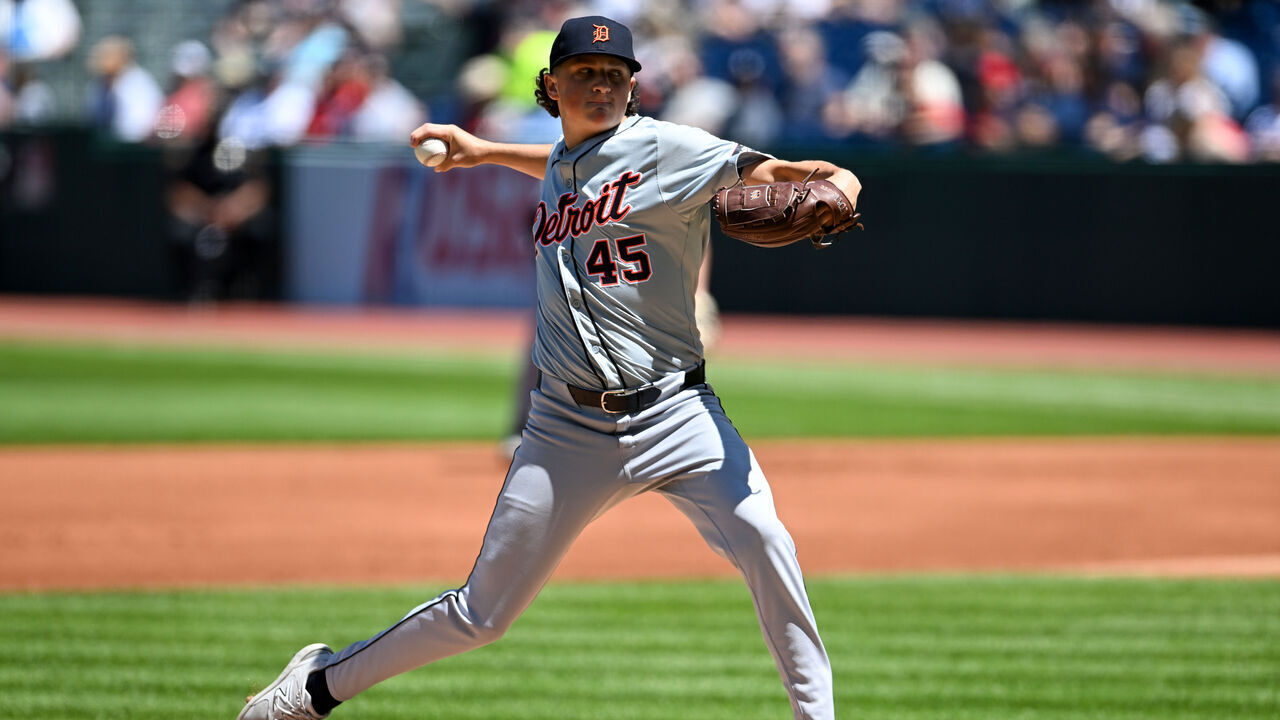CLEVELAND, OHIO - MAY 08: Starting pitcher Reese Olson #45 of the Detroit Tigers throws a pitch during the first inning against the Cleveland Guardians at Progressive Field on May 08, 2024 in Cleveland, Ohio.
