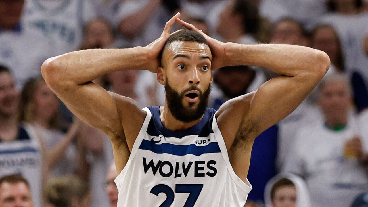 MINNEAPOLIS, MINNESOTA - MAY 12: Rudy Gobert #27 of the Minnesota Timberwolves reacts during the second quarter against the Denver Nuggets in Game Four of the Western Conference Second Round Playoffs at Target Center on May 12, 2024 in Minneapolis, Minnesota.
