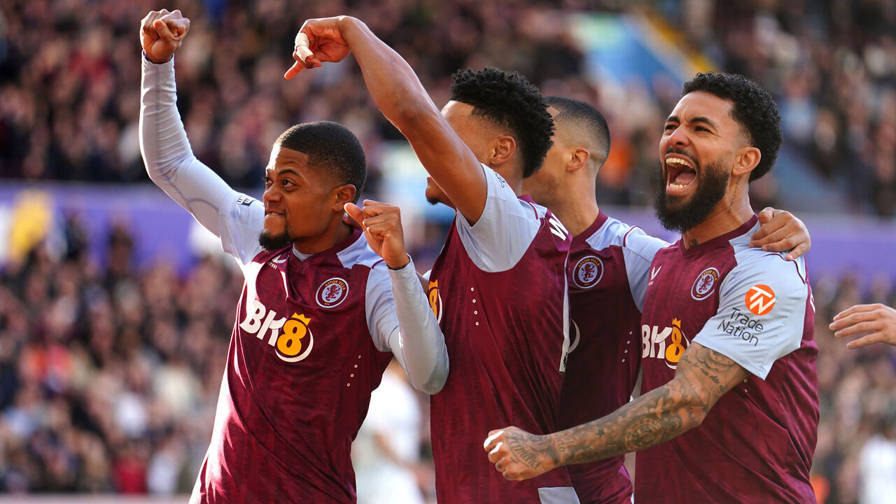 Aston Villa's Ollie Watkins (centre) celebrates scoring their side's first goal of the game with team-mates during the Premier League match at Villa Park, Birmingham. Picture date: Saturday February 24, 2024.