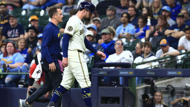 MILWAUKEE, WI - MAY 13: Milwaukee Brewers first base Rhys Hoskins (12) walks off the field after being injured during a game between the Milwaukee Brewers and the Pittsburgh Pirates on May 13, 2024, at American Family Field in Milwaukee, WI.