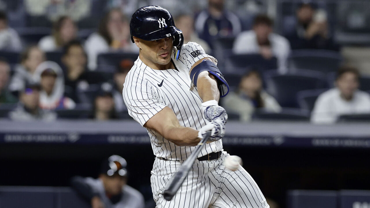 NEW YORK, NEW YORK - MAY 03: Giancarlo Stanton #27 of the New York Yankees connects on his ninth inning game tying RBI double against the Detroit Tigers at Yankee Stadium on May 03, 2024 in New York City.