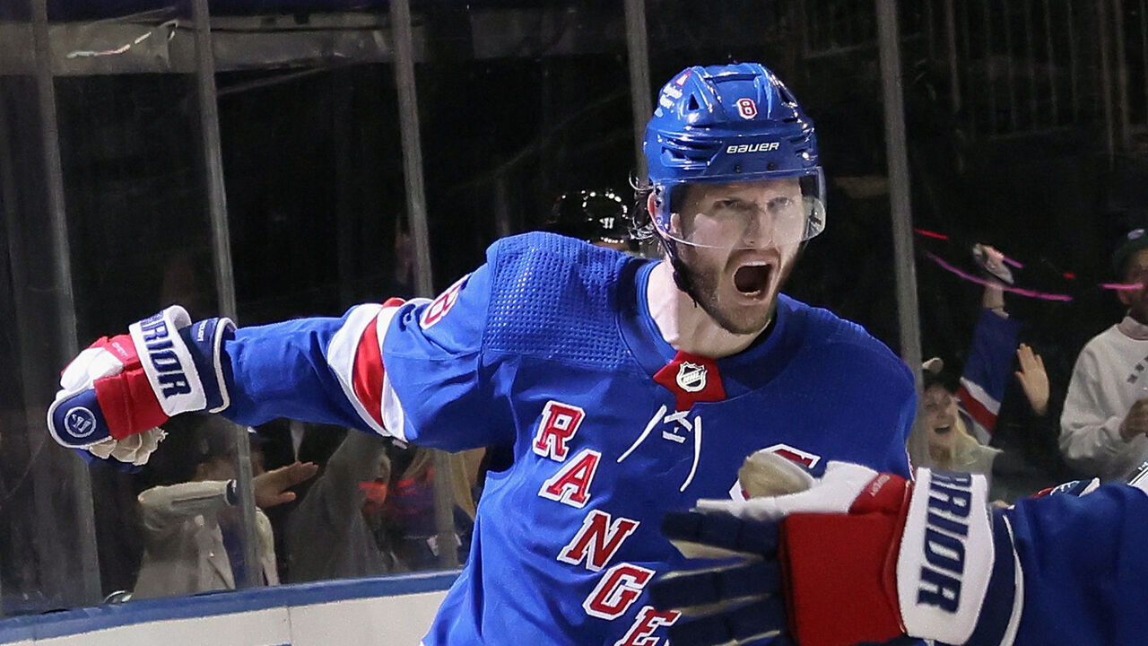 NEW YORK, NEW YORK - MAY 13: Jacob Trouba #8 of the New York Rangers celebrates his second period goal against the Carolina Hurricanes in Game Five of the Second Round of the 2024 Stanley Cup Playoffs at Madison Square Garden on May 13, 2024 in New York City.