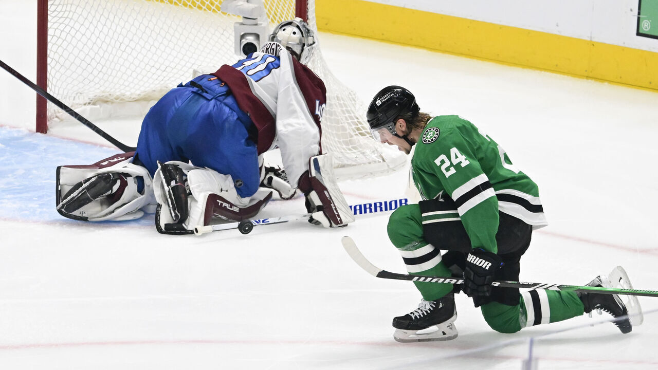 DALLAS, TX - MAY 09: Dallas Stars center Roope Hintz (24) celebrates after scoring against Colorado Avalanche goaltender Alexandar Georgiev (40) in the second period of Game 2 of the second round of the 2024 NHL Stanley Cup Playoffs against the Dallas Stars in Dallas, Texas on Thursday, May 09, 2024.