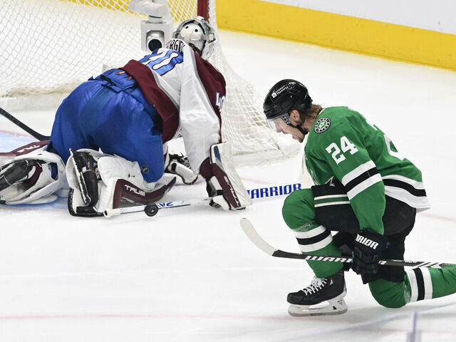 DALLAS, TX - MAY 09: Dallas Stars center Roope Hintz (24) celebrates after scoring against Colorado Avalanche goaltender Alexandar Georgiev (40) in the second period of Game 2 of the second round of the 2024 NHL Stanley Cup Playoffs against the Dallas Stars in Dallas, Texas on Thursday, May 09, 2024.