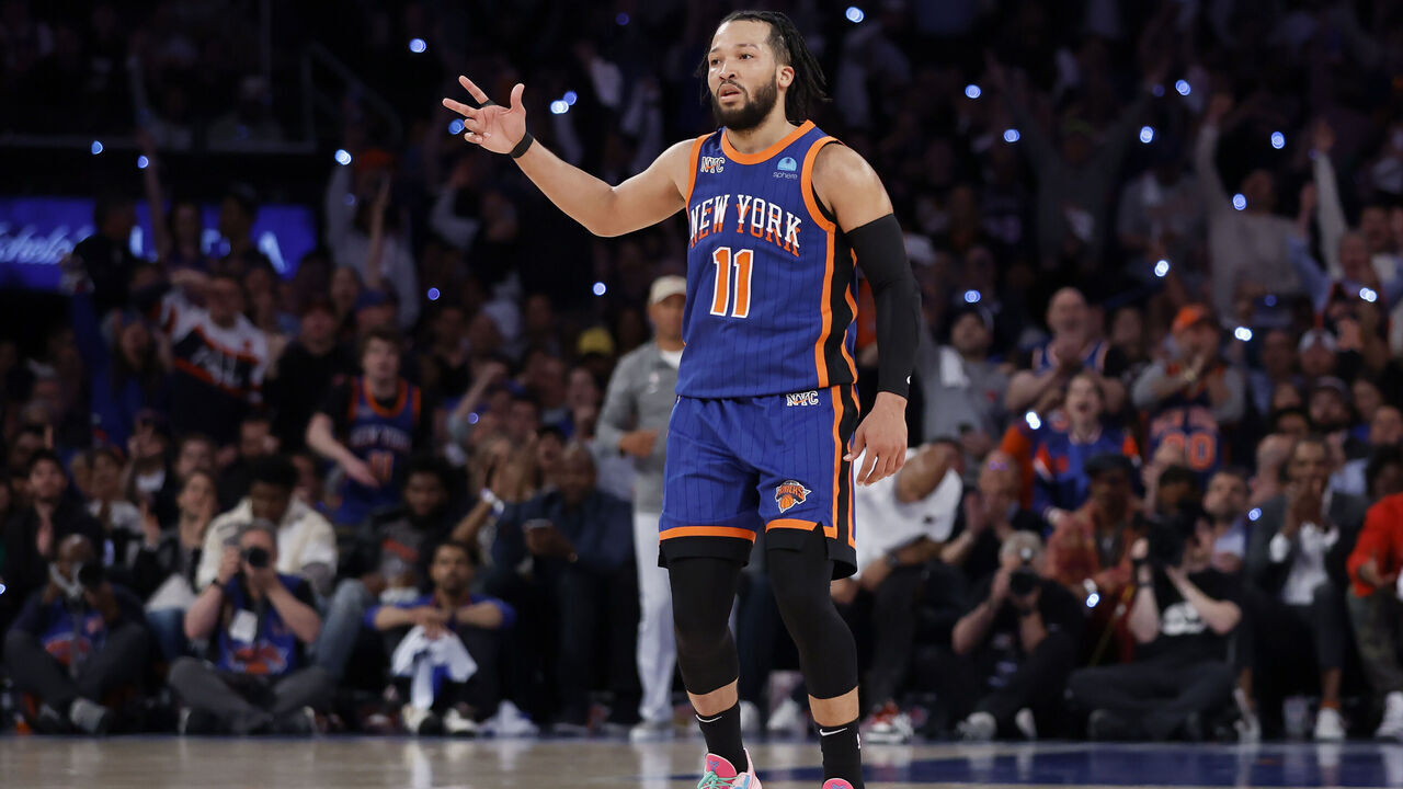NEW YORK, NEW YORK - MAY 14: Jalen Brunson #11 of the New York Knicks reacts during the third quarter against the Indiana Pacers in Game Five of the Eastern Conference Second Round Playoffs at Madison Square Garden on May 14, 2024 in New York City.