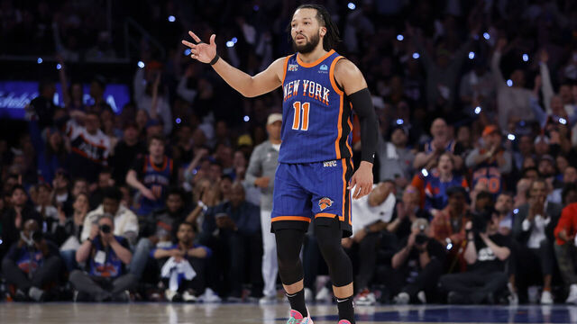 NEW YORK, NEW YORK - MAY 14: Jalen Brunson #11 of the New York Knicks reacts during the third quarter against the Indiana Pacers in Game Five of the Eastern Conference Second Round Playoffs at Madison Square Garden on May 14, 2024 in New York City.