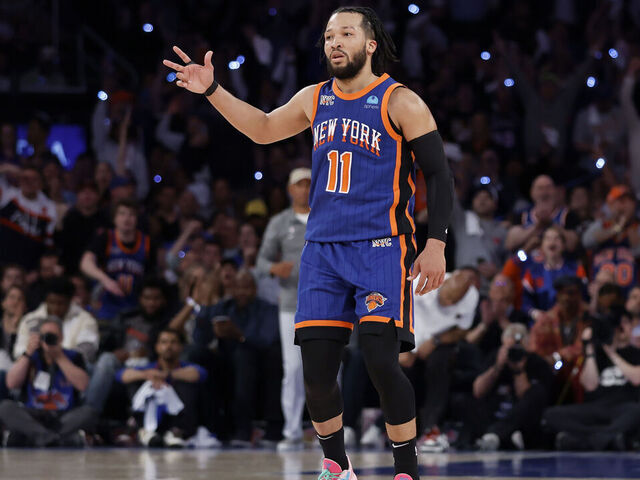 NEW YORK, NEW YORK - MAY 14: Jalen Brunson #11 of the New York Knicks reacts during the third quarter against the Indiana Pacers in Game Five of the Eastern Conference Second Round Playoffs at Madison Square Garden on May 14, 2024 in New York City.