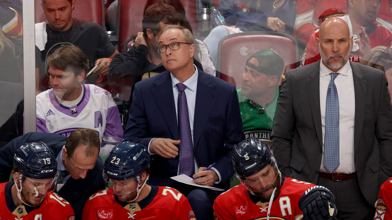 SUNRISE, FLORIDA - MAY 14: Head coach Paul Maurice of the Florida Panthers is seen on the bench during the third period against the Boston Bruins in Game Five of the Second Round of the 2024 Stanley Cup Playoffs at Amerant Bank Arena on May 14, 2024 in Sunrise, Florida.
