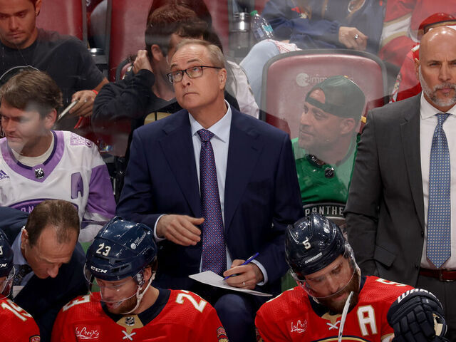 SUNRISE, FLORIDA - MAY 14: Head coach Paul Maurice of the Florida Panthers is seen on the bench during the third period against the Boston Bruins in Game Five of the Second Round of the 2024 Stanley Cup Playoffs at Amerant Bank Arena on May 14, 2024 in Sunrise, Florida.