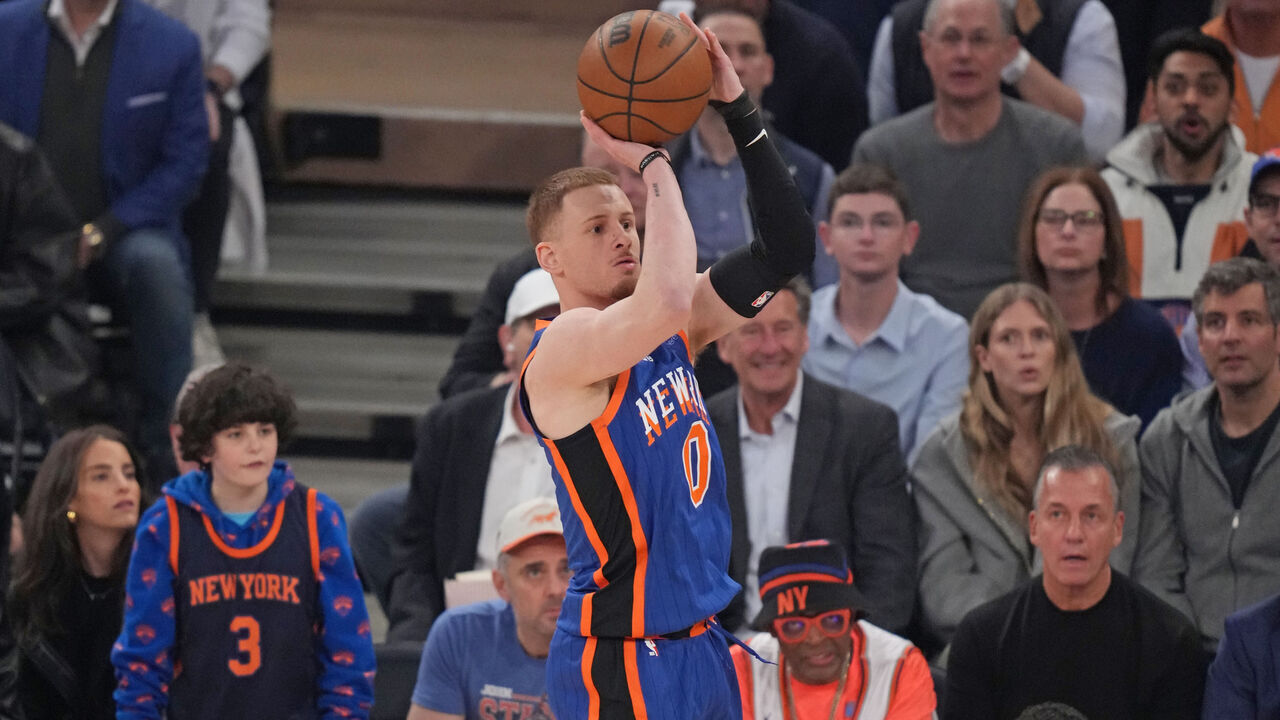 NEW YORK, NY - MAY 14: Donte Divincenzo #0 of the New York Knicks shoots a three point basket during the game against the Indiana Pacers during Round 2 Game 5 of the 2024 NBA Playoffs on May 14, 2024 at Madison Square Garden in New York City, New York. Mandatory Copyright Notice: Copyright 2024 NBAE